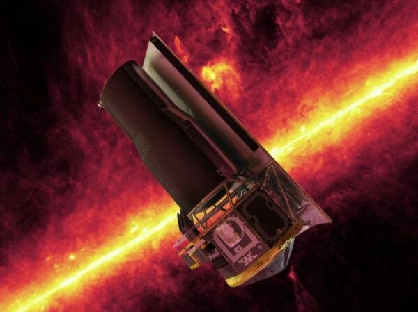 这张图片展示了艺术家对斯皮策太空望远镜的印象。背景显示了来自斯皮策的银河系平面的红外图像.jpg