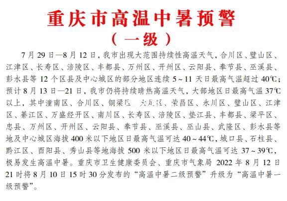 重庆首次发布高温中暑一级预警 未来一周晴热高温也还将持续